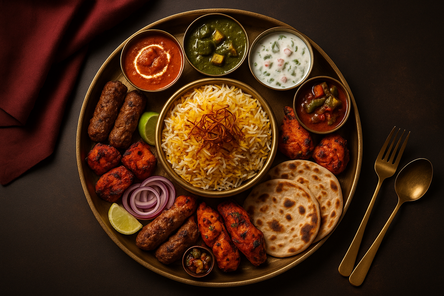 Royal Indian thali with biryani, kebabs, breads and gravies